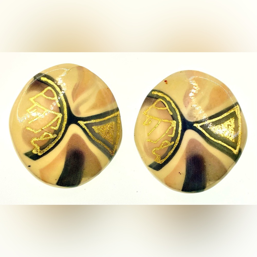 Vintage Porcelain Painted Oval Clip On Earrings Abstract Design - Picture 5 of 7